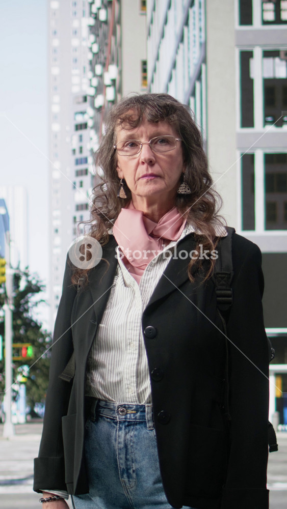 Vertical Video Portrait of senior modern professional woman in a pedestrian group, crossing city street during commute and reflecting