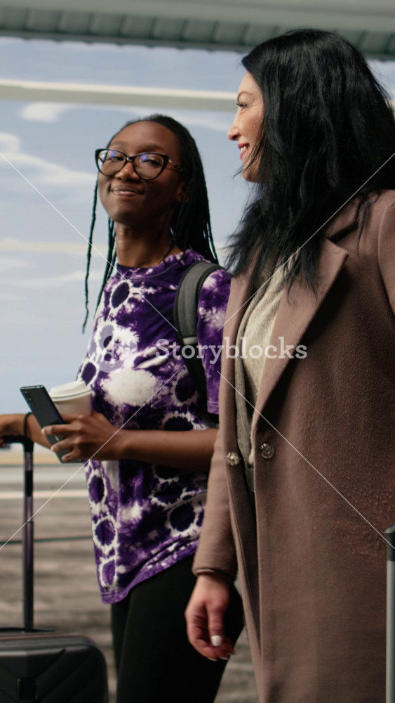 Vertical video Relaxed women carrying trolleys in airport terminal, travelling together. Upbeat friends on city break vacation trip going to