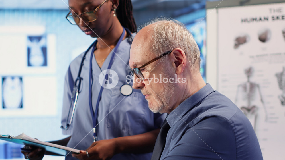 Expert and african american provide medical services to patient at checkup, giving diagnostics report and medical records. Medical staff