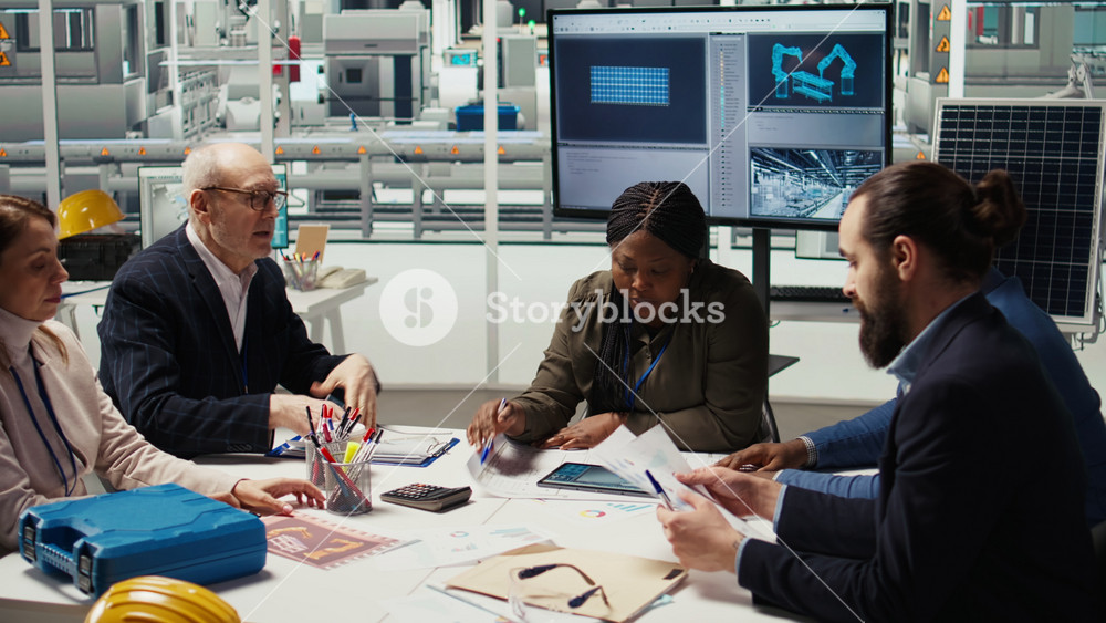 Solar panels plant shareholders chat about company growth and market expansion, paperwork. Investors meet with photovoltaics factory