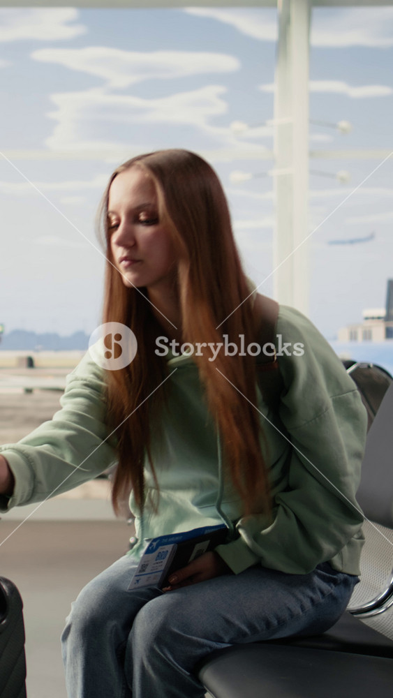 Vertical Video Woman vlogger filming travel vlog video on phone in airport lounge, sharing holiday tips with channel audience. Digital