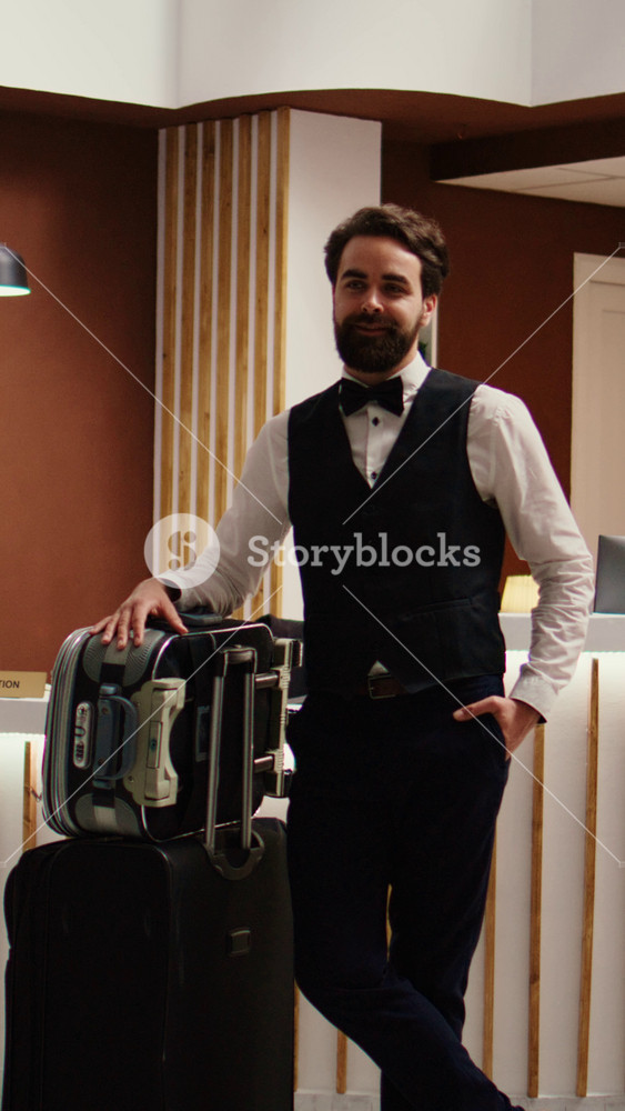 Vertical Video Panning shot of happy smiling professional bellhop employee in formal attire with baggage trolley in front of check in