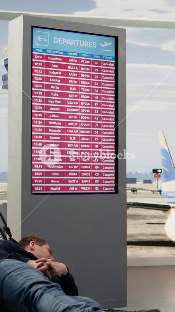 Vertical Video Group of travelers sleeping in airport terminal after all flights cancelled, surrounded by luggage and departure boards