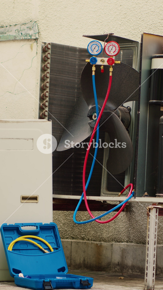 Vertical video Zoom in close up shot of broken external air conditioner unit with protection cover removed in need of repair, with damaged