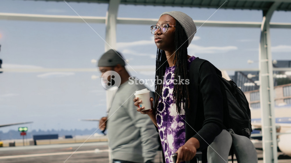 Close up of woman drinking coffee inside airport terminal, walking next to other passengers. African american tourist enjoying takeaway cup