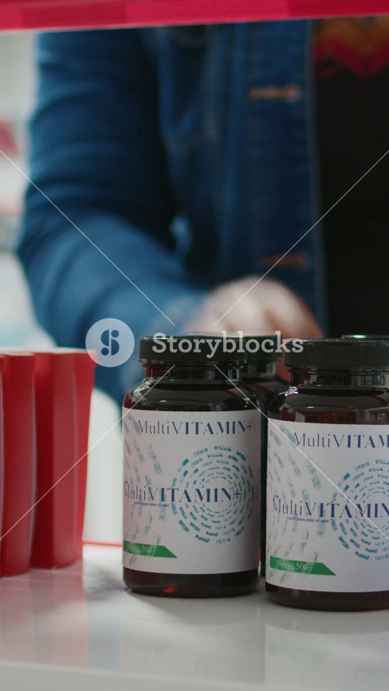 Vertical video: African american client taking pills from shelves in drugstore, looking to buy medicaments and vitamins. Woman buying