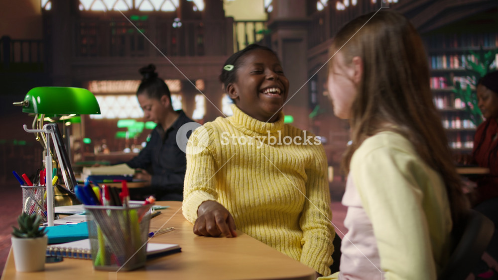 Sweet friends and sharing a hug after finishing their homework, schoolgirls feeling pleased with their friendship in the library. Cute