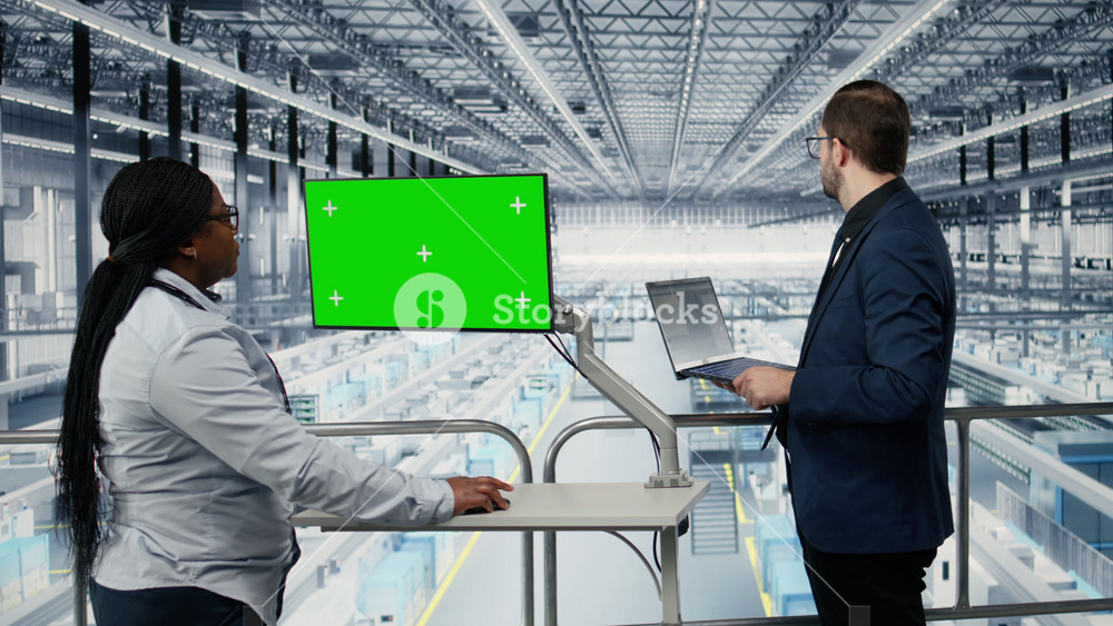 Green screen monitor, monitoring semiconductors and businesspeople in industry 4. 0 factory with automated production lines. Reviewing