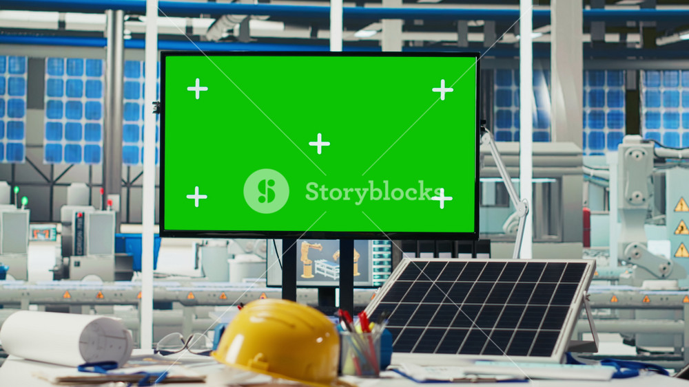 Isolated screen display in photovoltaics factory used to monitor performance of robot arms manufacturing solar panels. Chroma key mockup