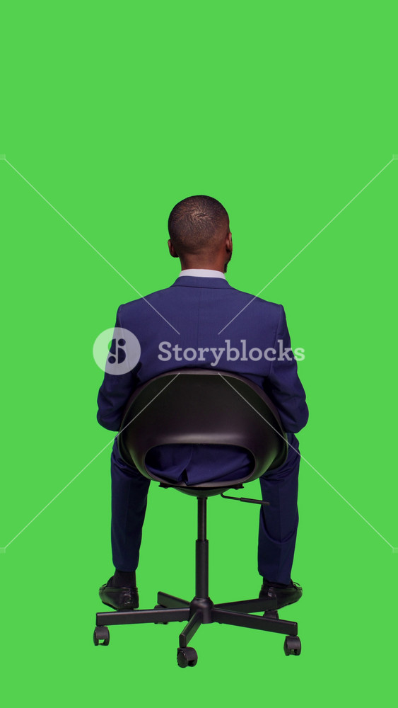 Vertical video: Back view of male company entrepreneur sitting on chair in studio, wearing business suit and posing over full body green