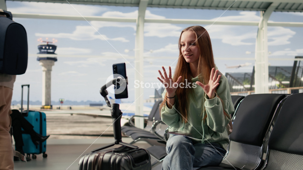 Gen Z girl influencer, recording live broadcast, with smartphone in airport, engaging with followers during solo trip. Content creation and