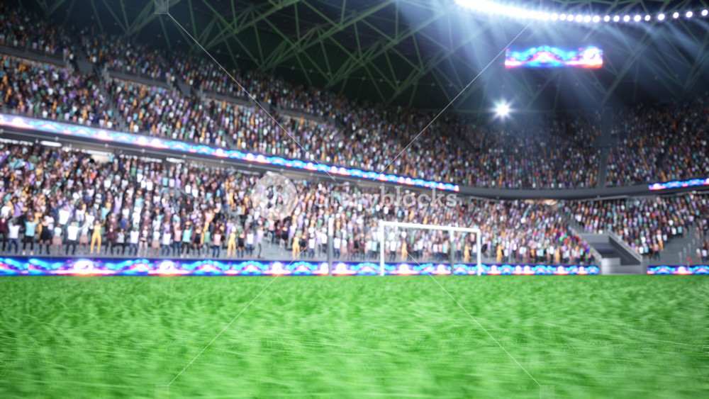Animation of snowflakes falling over frozen football pitch with stadium audience in background cheering. 3D rendered close up of soccer