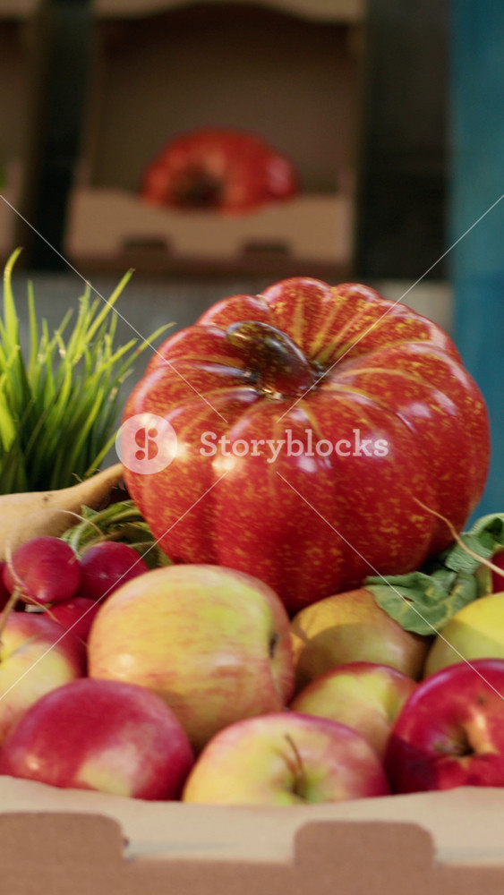 Vertical video: Ripe fruits and veggies homegrown sold at farmers market stand, empty small business shop. Healthy nutrition with natural