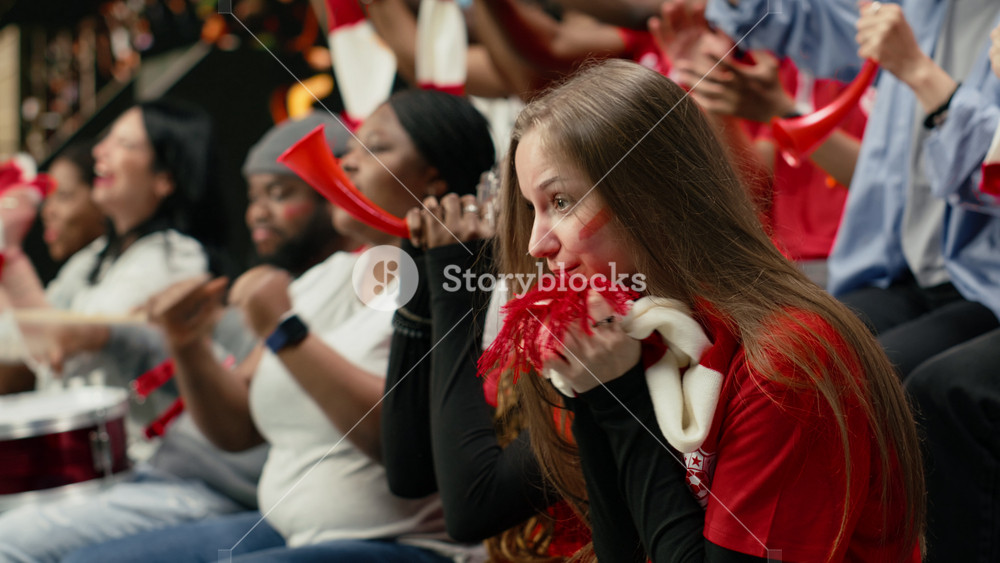 Young female football supporter holding red scarf near her mouth, with face paint anxiously watching tense live soccer match from stadium