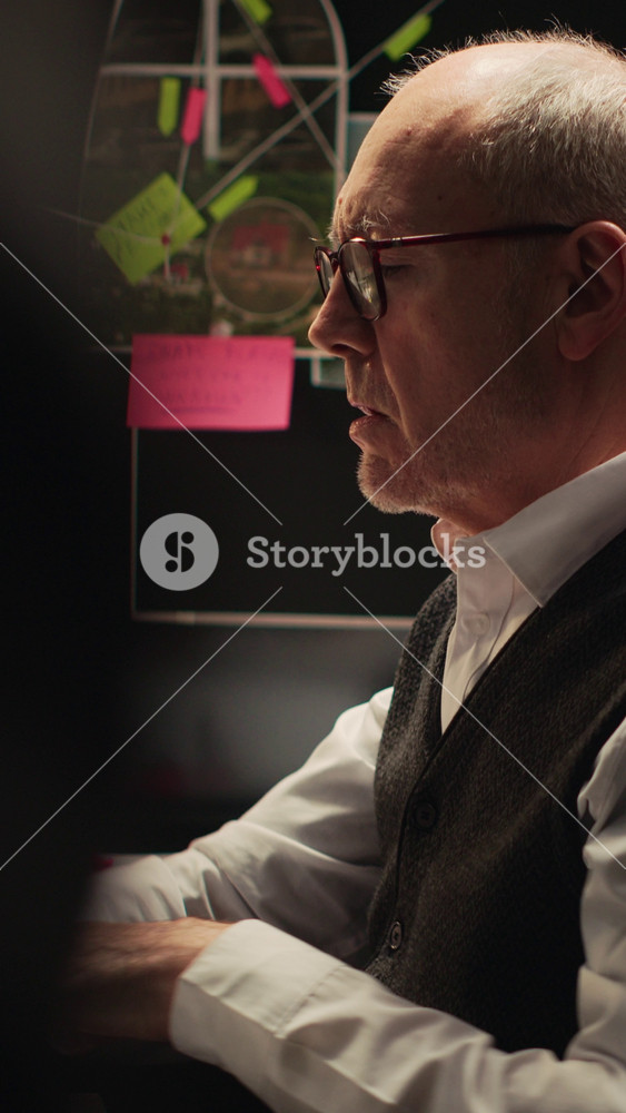 Vertical video Detective reading classified records in police agency, finding new details to build strong criminal case. Law agent working