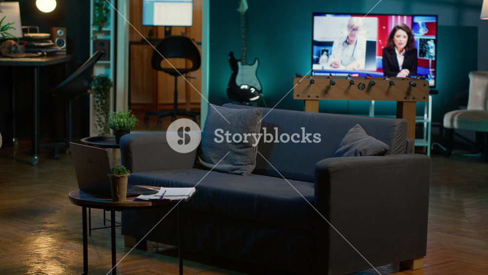 Stylish modern apartment decorated with cool furniture and neon lights, home theatre and setup with big tv for a young adult. Empty loft