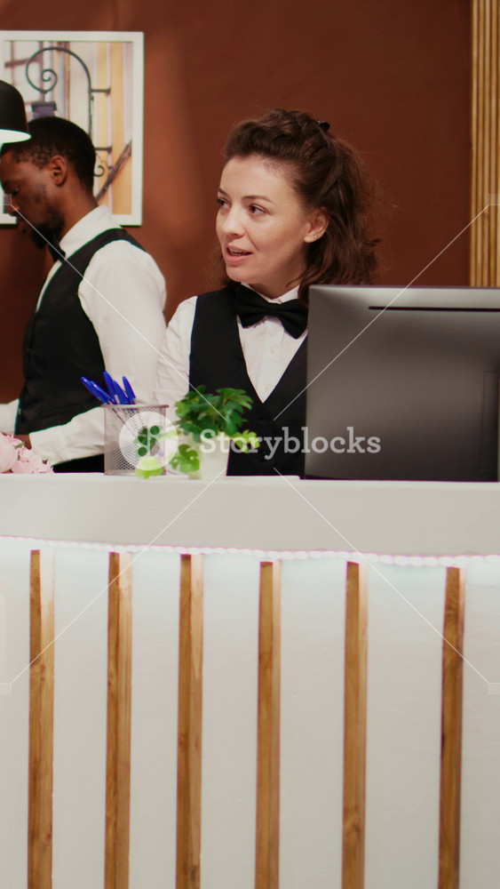 Vertical Video Retired woman arriving at hotel resort, asking receptionist about senior travel offers for wellness and recreation. Employee
