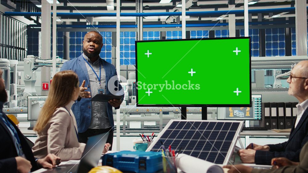 Factory shareholders chat about company growth, looking at green screen monitor. Investors meet with plant executives to improve production