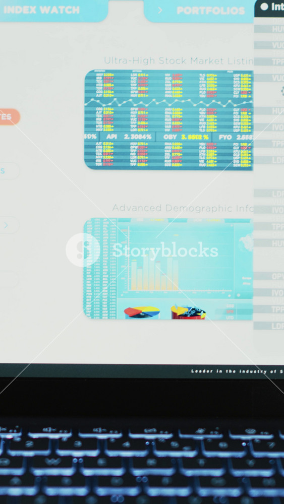 Vertical video Financial report on desk next to telephone and laptop showing stock market diagrams in office, close up shot. Company files