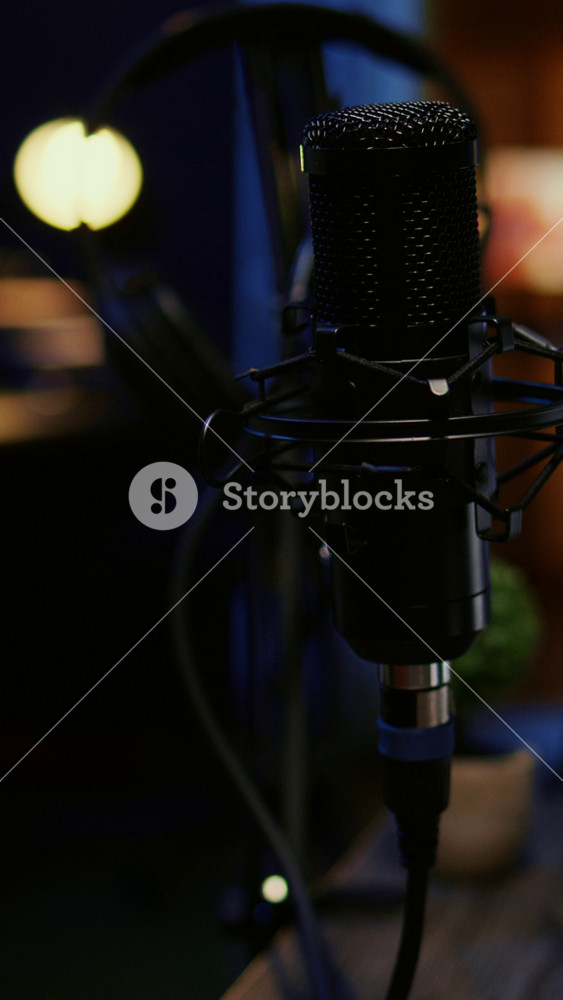 Vertical video Panning shot of high tech mic used to produce quality online show for livestreaming channel. Professional streaming sound