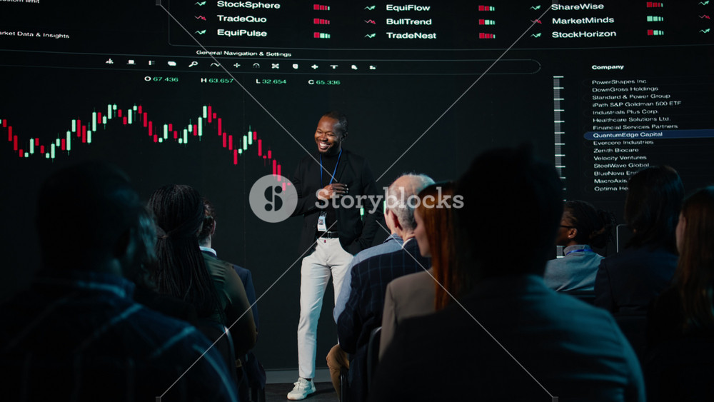 African american stockbroker explains trading performance and profit trends, business conference presentation showing stock market