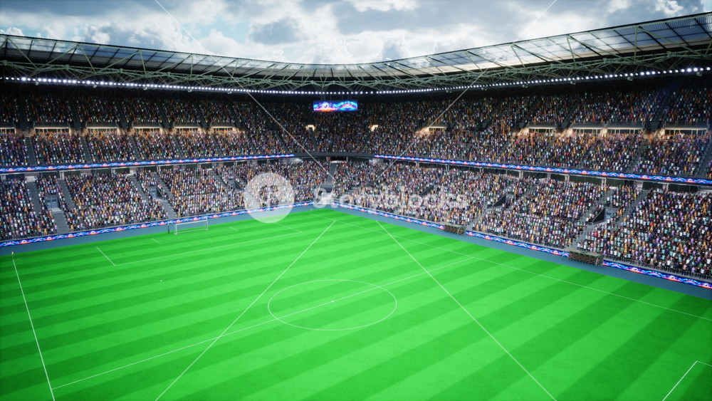 3D rendered football stadium in sunny outdoors with fans cheering during world tournament. Animation of spectators occupying stands near