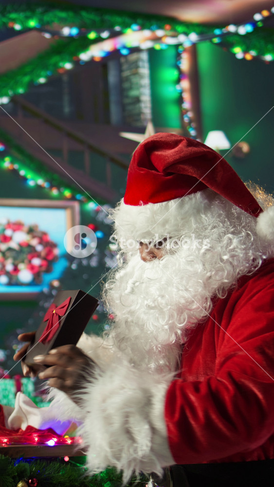 Vertical Video African american saint Nick preparing his bag full of gifts in wrapping paper, delivering presents to wishful children around