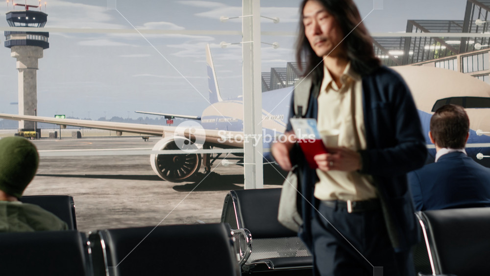 Holding passport travel documents, business trip and close up of Asian man in airport. Enduring long flight layover, airplane departure and