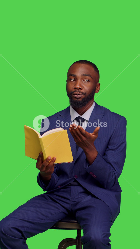 Vertical video: Front view of african american person reading pages of story book, sitting over greenscreen background. Office employee