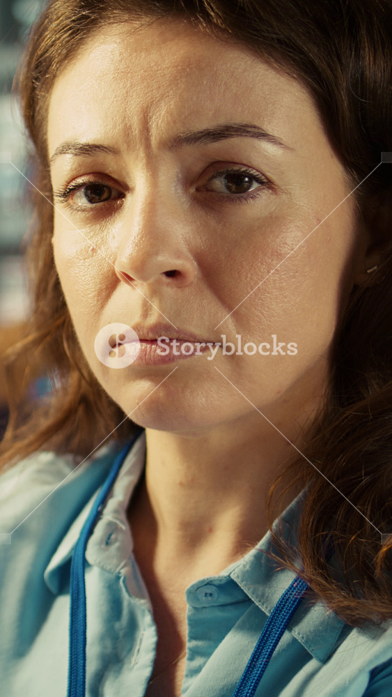 Vertical video Portrait of sad woman at work dejected by corporate lifestyle, wishing to quit job. Close up of upset employee feeling