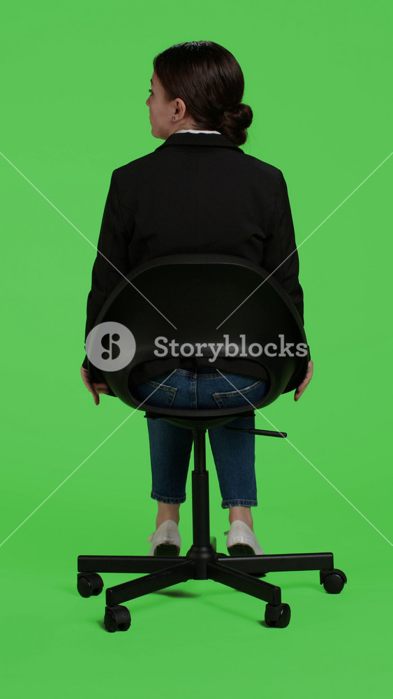 Vertical video: Back view of caucasian businesswoman wearing suit and sitting on chair, waiting in preparation over full body green screen
