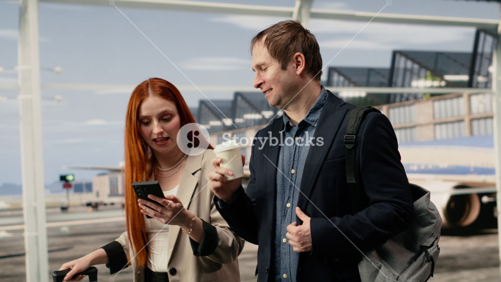 Smiling businessman and woman chatting in airport, using smartphone, holding coffee cup. Relaxed businesspeople in modern airport terminal