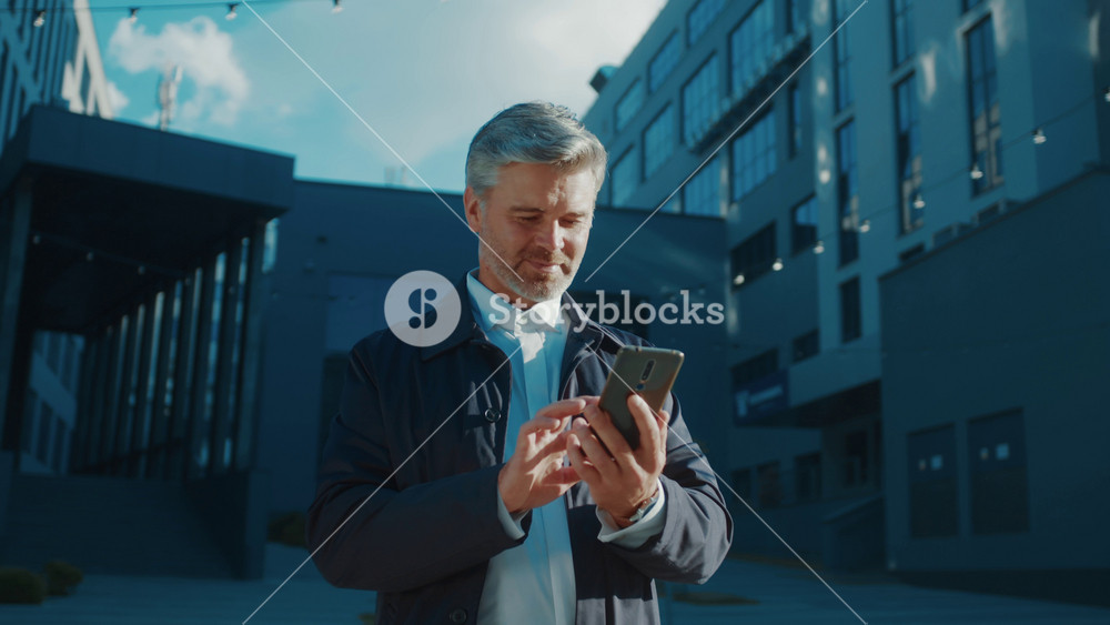 Bearded adult caucasian businessman in suit walking on sunny street outside and using smartphone network social media apps. Career people