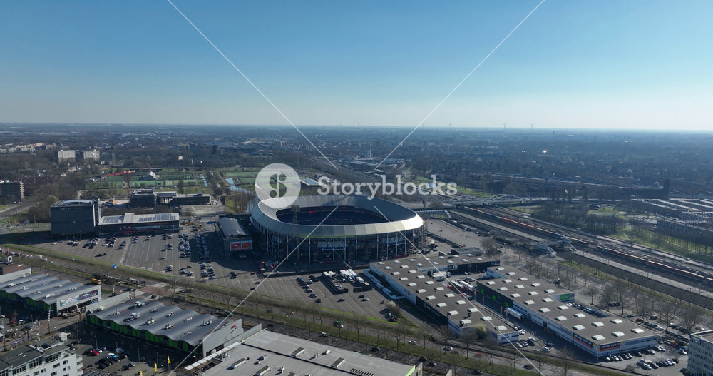 De Kuip, stadium in Rotterdam, South Holland, The Netherlands, event location, building exterior. Football stadium, Aerial video.