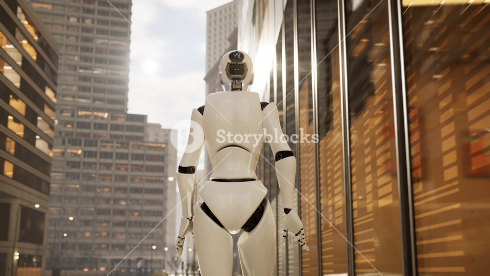 female robot walking along a street in a big city. humanoid AI robot crossing street. 3d animation. future automation job.