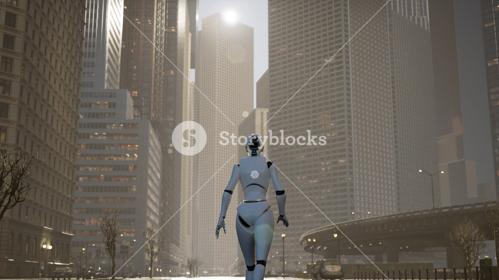 female robot walking along a street in a big city. humanoid AI robot crossing street. 3d animation. future automation job.