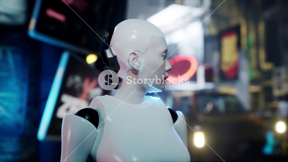 female robot walking along a street in a big city. humanoid AI robot crossing street. 3d animation. future automation job.