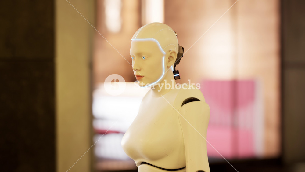 female robot walking along a street in a big city. humanoid AI robot crossing street. 3d animation. future automation job.