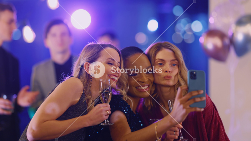 Beautiful trio of amazing attractive women taking selfie on mobile phone camera celebrating corporate night party event at the company.