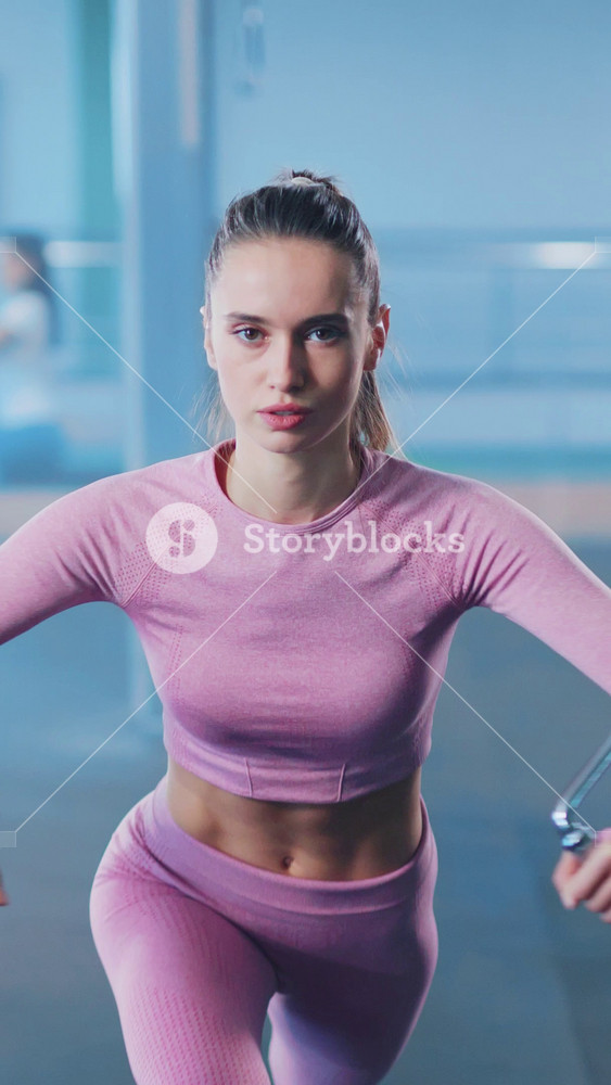 Zoom portrait of young and strong fitness woman engaged in sports exercising intensively at the gym. Workout. Professional training.
