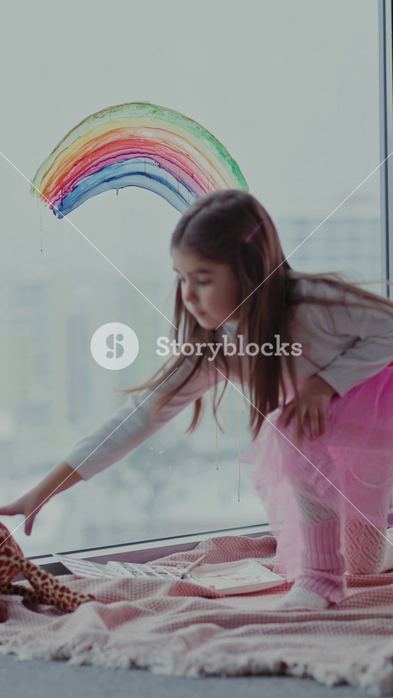Kids Staying Home. Artistic Little Girl Wearing Fairy Pink Dress Drawing Rainbow Picture on Window and Playing with Toys. Young Generation