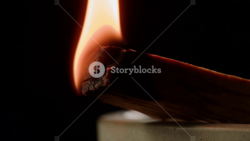 Person holding Palo Santo wood stick in hand, aromatic Palo Santo burning on black background, smoke spreading around, slow motion video