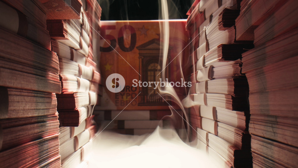 Stacks of cash dollars and euro, Banknotes counting, Specialised police officer Counting dollar euro banknotes in crime lab with machine