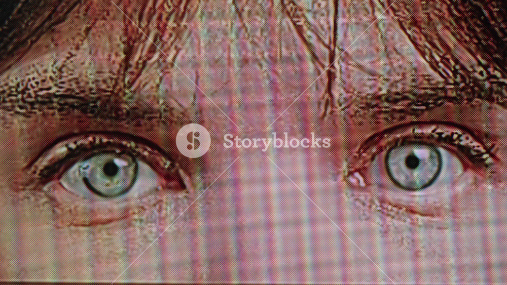 Close-up of green eyed woman with no make-up on face macro vhs retro tape pixel content. Blinking eye with long lashes. Beauty skin care