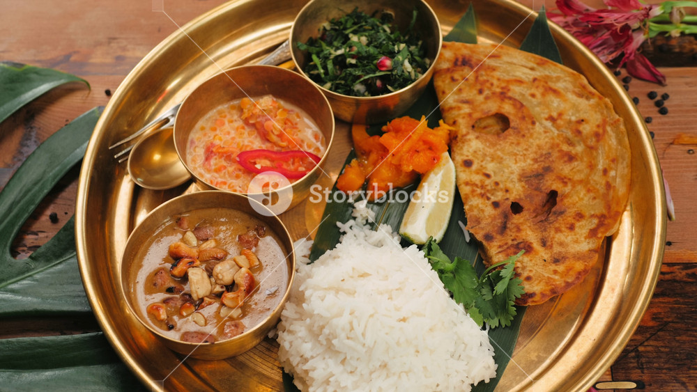 indian sri-lanka food set on wooden background. Dishes and appetisers of indeed cuisine, rice, lentils, paneer, samosa, spices, masala