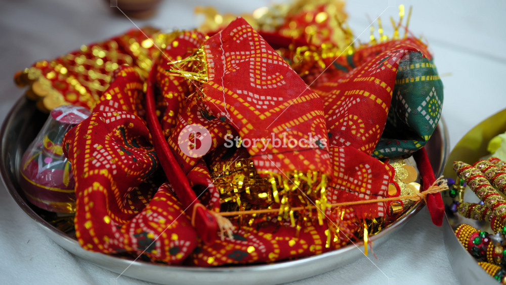 Variety of elements of Indian Hindu Rituals that are performed during holy wedding ceremony. Close up shot of preparation to ceremony