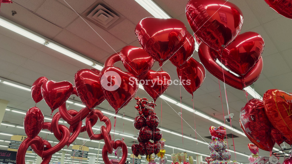 Heart shaped balloons, red balloons. Decoration for Valentine's Day in a store, shopping center. Symbol of love. Naperville IL. USA 2 feb