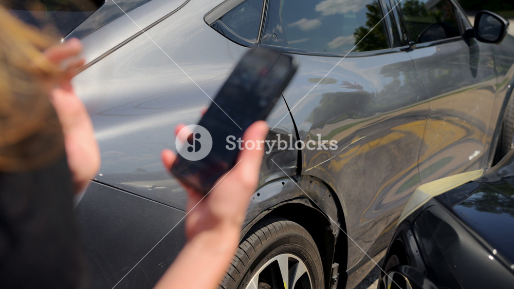 A car crash accident scene with two cars on the street. Stressed woman is calling 911. View of damaged elements. Stabile shot