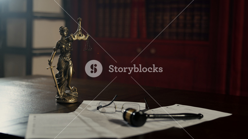 POV Statue of Justice stands on the courtroom desk under dramatic lighting, symbolizing law, legal system. Authority, balance, and the rule