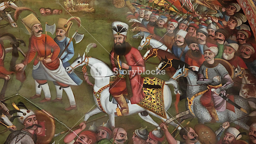 8K Battle of Chaldiran fresco showing Ottoman Empire and Safavid Iran cavalry, historic painting. Persian mural portraying mounted warriors, royal commanders, antique artwork, medieval combat tableau.